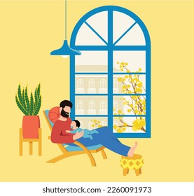 inclusive daily life - ector Illustration of Father Holding and Cuddling his Baby Son on an Armchair in the Living Room, with a Beautiful View Through the Window - Fatherhood