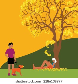 inclusive daily life - Summer Relaxation: Vector Illustration of an Elderly Woman Sitting in the Park, Listening to Music, Leaning on a Yellow Tree, with a Man Walking His Dog in the Background.