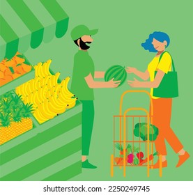 inclusive daily life - Vector Illustration of a Woman (LGBTQIA) Shopping for Fresh Produce at the Greengrocer