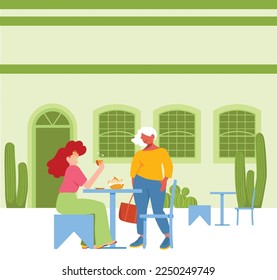 inclusive daily life - Vector Illustration of a Women Couple (LGBTQ) Enjoying Coffee and Cheese Bread Together