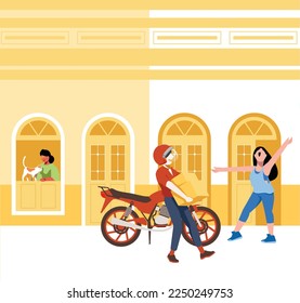 vida diaria inclusiva - vector del hombre ciclista que entrega el orden a la mujer frente a una casa colonial