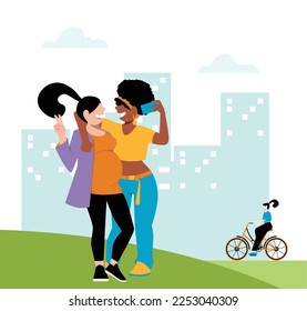 inclusive daily life - Vector Illustration of Pregnant Lesbian Couple Enjoying a Stroll in the Park - Celebrating Love and Parenthood