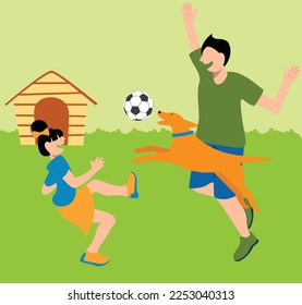 inclusive daily life - Vector Illustration of Father and Daughter Playing Ball with their Dog in the Backyard - Celebrating Fatherhood and Family Bonding Time