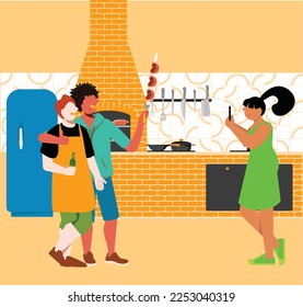 inclusive daily life - Vector Illustration of Three Friends Enjoying Beer, Picanha, and a Weekend Barbecue - Capturing Memories and Celebrating Friendship