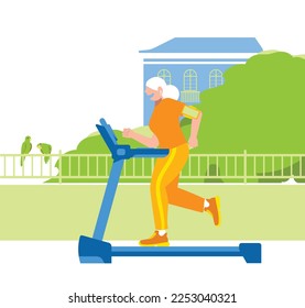 inclusive daily life - Vector Illustration of an Elderly Woman Walking on a Treadmill with a Scenic Garden in the Background - Promoting Healthy Aging and Outdoor Wellness