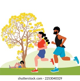 inclusive daily life - Vector Illustration of a Couple and Girl Enjoying the Park with Yellow Ipe Tree - Running and Relaxing Outdoors.