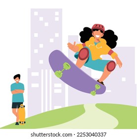 inclusive daily life - Vector Illustration of a Girl Performing Skateboard Tricks in Mid-Air with City Skyline in the Background - Celebrating Urban Sports and Youth Culture