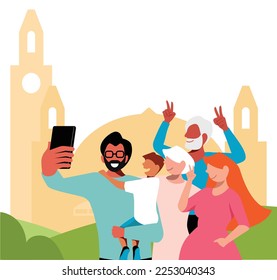 inclusive daily life - Vector Illustration of an Intergenerational Family Taking a Selfie on Mother's Day in Front of the City Skyline - Celebrating Family Bonds and Love