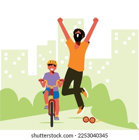 inclusive daily life - Vector Illustration of a Father and Daughter Riding Bicycles and Having Fun in the Park - Celebrating Fatherhood