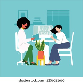 inclusive daily life - Vector Illustration of a Woman Consulting with a Black Female Doctor in a Medical Setting