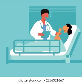 inclusive daily life -Vector illustration of a black doctor attending to a white patient in a hospital bed