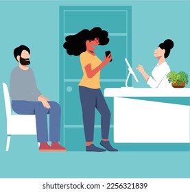 inclusive daily life - Vector Illustration of a Couple at the Reception of a Hospital, Clinic or Medical Attendant - Seeking Medical Care and Support