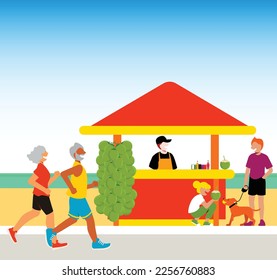 inclusive daily life - Vector Illustration of Elderly Couple Walking on the Boardwalk of a Sunny Tropical Beach, with a Couple and Their Dog Enjoying Coconut Water