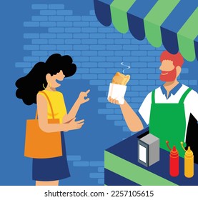 inclusive daily life - Vector illustration of a Woman Purchasing a Delicious Brazilian Pastel from a Street Food Cart