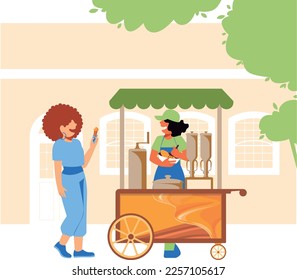 inclusive daily life - Vector illustration of a woman enjoying churros from a street food cart