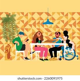 inclusive daily life - Vector Illustration of Inclusive Friendship: Friends Enjoying Pizza Night Around the Table, Including a Friend in a Wheelchai