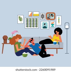 inclusive daily life - Vector Illustration of Friends Hanging Out on the Sofa and Floor of a Living Room, Enjoying Popcorn and Conversation