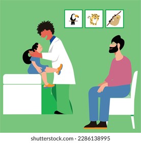 inclusive daily life - Vector illustration of a Father and daughter receiving medical care from a Latino or Black doctor