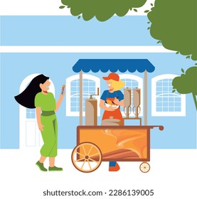 vida diaria inclusiva - ilustración vectorial de la morena comprando churros en el carrito de un vendedor ambulante