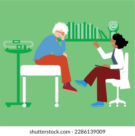 inclusive daily life - Vector illustration of a Latina geriatric doctor providing medical care to an elderly white man