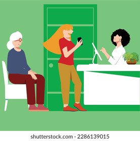 inclusive daily life - Vector illustration of a White woman accompanying elderly mother to medical appointment (waiting in the clinichospital reception)