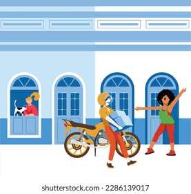 inclusive daily life - vector illustration  of a happy black woman receives package from motorcycle delivery driver
