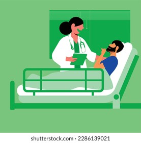 inclusive daily life - Vector of a Latina doctor providing medical care to a white man lying on a hospital bed, against a green background.