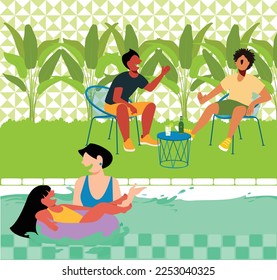 inclusive daily life - vVector of Family and Friends Having Fun at the Pool - Kids Playing, Woman Relaxing, Friends Drinking