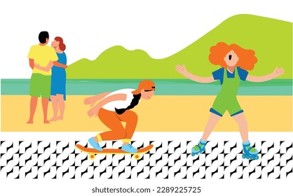 Inclusive Daily Routine - happy couple enjoying the beach with girls playing sports on boardwalk
