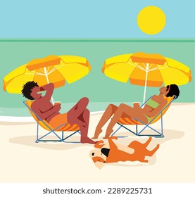 Inclusive Daily Routine  - Illustration vector of a Latino couple sunbathing on the beach with their dog