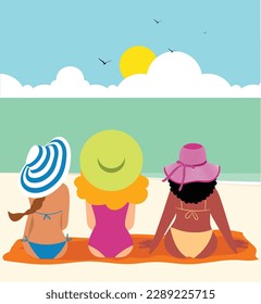 Inclusive Daily Routine - Three friends sitting on the beach sand looking out at the sea - white, latina and black woman - body positive