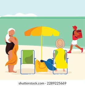 Inclusive Daily Routine  - vector illustration - Elderly woman sunbathing at the beach on a sunny day 