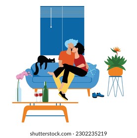 inclusive daylife - Love and Coziness: Lesbian Couple Cuddling with their Cat in a Modern Home with Tropical Plants