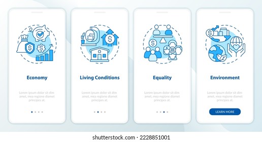 Inclusive development index blue onboarding mobile app screen. Walkthrough 4 steps editable graphic instructions with linear concepts. UI, UX, GUI template. Myriad Pro-Bold, Regular fonts used