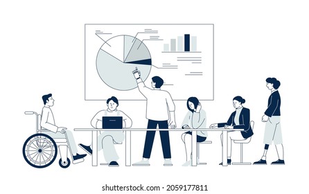 Inclusive. Diversity On Workplace, Inclusion Disabled Workers In Office Habitat And Education Process. Person In Wheelchair On Business Meeting Recent Vector Scene