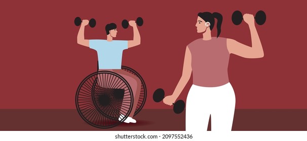 Inclusive Dumbbell Pair, Inclusive Sport. Flat Vector Stock Illustration. Disabled Athlete In A Wheelchair. Sports For The Hearing Impaired. Man, Woman, Activity With Disabilities. Vector Graphics