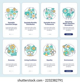 Inclusive economy attributes onboarding mobile app screen set. Walkthrough 4 steps editable graphic instructions with linear concepts. UI, UX, GUI template. Myriad Pro-Bold, Regular fonts used