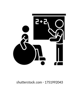 Inclusive Education Black Glyph Icon. Assistastance For Person With Disability. Handicapped Student Support. Special Class Teacher. Silhouette Symbol On White Space. Vector Isolated Illustration