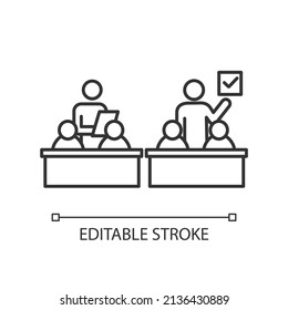 Inclusive education classroom linear icon. Learning model and system. Children with disabilities. Thin line illustration. Contour symbol. Vector outline drawing. Editable stroke. Arial font used