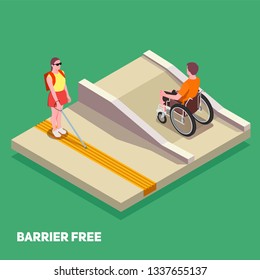 Inclusive education composition with boy in wheelchair and girl with white cane 3d isometric vector illustration