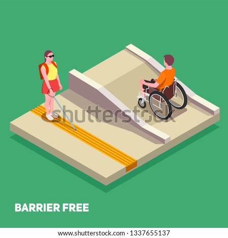 Inclusive education composition with boy in wheelchair and girl with white cane 3d isometric vector illustration