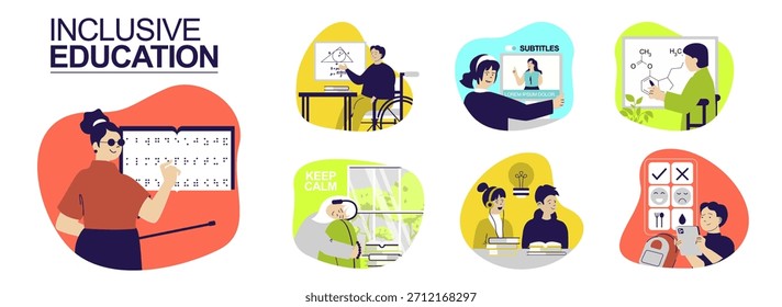 Inklusives Bildungskonzept für Webdesign. Sammlung mit Menschen im Rollstuhl Lernen im Klassenzimmer, Blinde Person liest Braille, Taube Person beobachten Unterricht mit Untertiteln. Vektorgrafik.