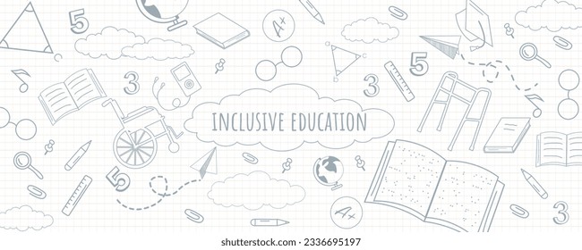 Inclusive education concepts banner or background. Aid for people with special needs. Equality. Vector outline RGB color illustration