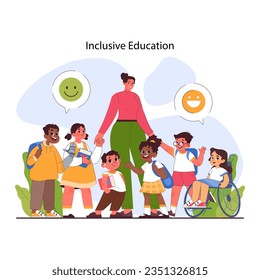 Inclusive education. Equal educational opportunities and accessible environment for disabled kids. Cognitive, physical and emotional development. Flat vector illustration