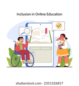 Educación inclusiva. Igualdad de oportunidades educativas y entorno accesible para los niños discapacitados. Desarrollo cognitivo, físico y emocional. Ilustración vectorial plana