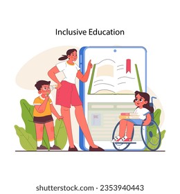 Educación inclusiva. Igualdad de oportunidades educativas y entorno accesible para los niños discapacitados. Desarrollo cognitivo, físico y emocional. Ilustración vectorial plana