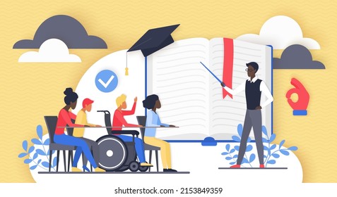 Inclusive Education. Group Of Tiny Diversity Children And Teacher Study On School Lesson, Kid With Disability Learning, Sitting In Wheelchair 3d Flat Vector Illustration. Inclusion, Assistance Concept