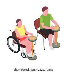 Inclusive education isometric composition with human characters of disabled people developing vector illustration