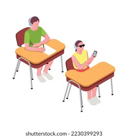 Inclusive education isometric composition with human characters of disabled people developing vector illustration