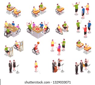 Inclusive education isometric icons set with disabled people in different situations at school isolated on white background 3d vector illustration